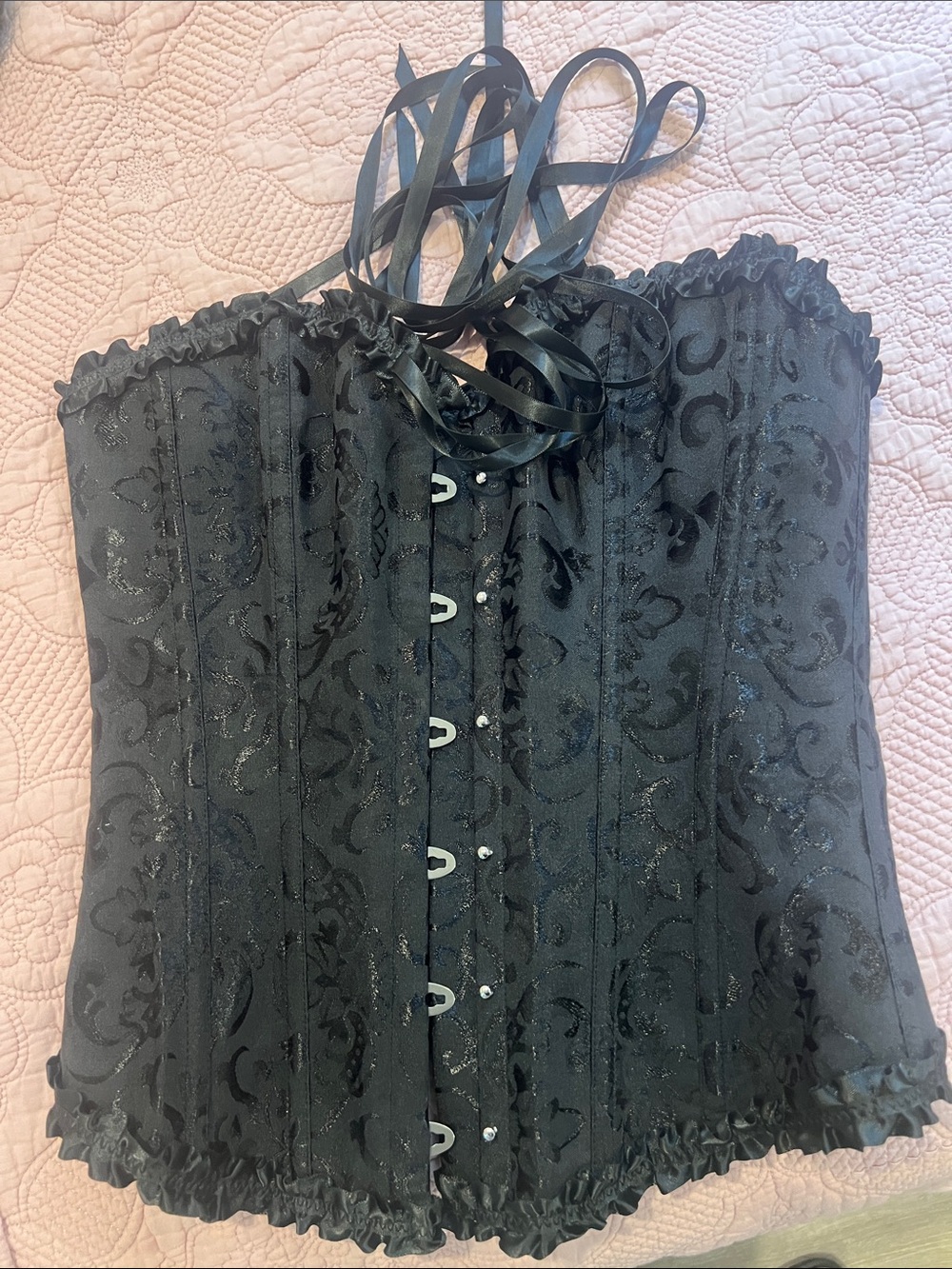 Black Brocade Lace-Up Halter Corset Top